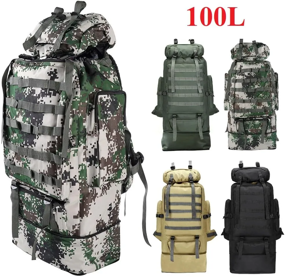 100L Camping Hiking Backpack, Large Military Tactical Backpack Waterproof Travel Daypack Survival Rucksack Bushcraft Backpack Lightweight Outdoor Camping Bag, Army Green