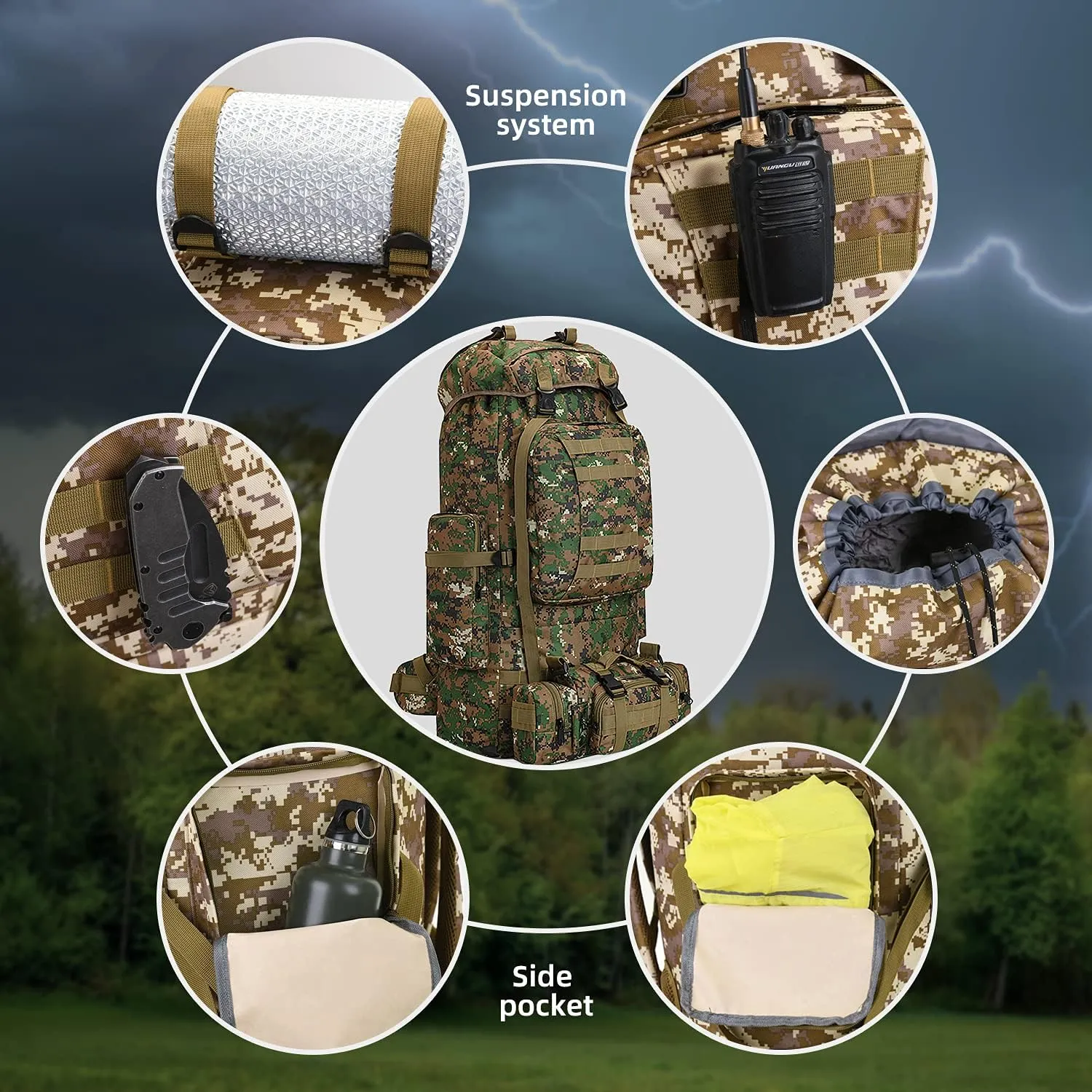 100L Camping Hiking Backpack,Molle military Tactical rucksack backpack,Waterproof Lightweight Hiking Backpack (Woodland Camo-C)