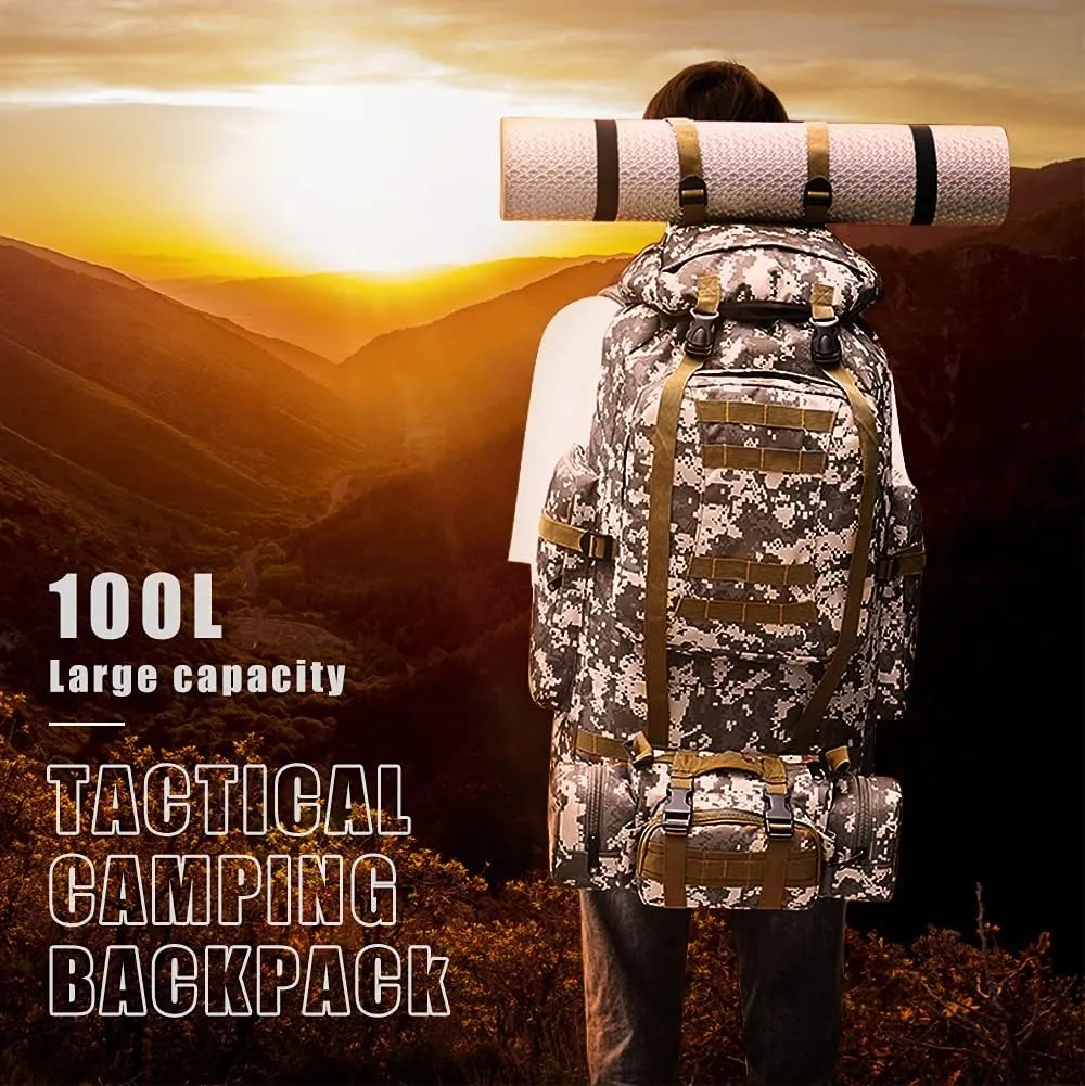 100L Camping Hiking Backpack,Molle military Tactical rucksack backpack,Waterproof Lightweight Hiking Backpack (Woodland Camo-C)