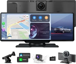 10.26" HD Wireless Android & Carplay Screen for Car, Portable Touchscreen Car Stereo with 4K Dash Cam, 1080P Backup Camera, Bluetooth, AUX/FM, Siri, Mirror Link, GPS Navigation