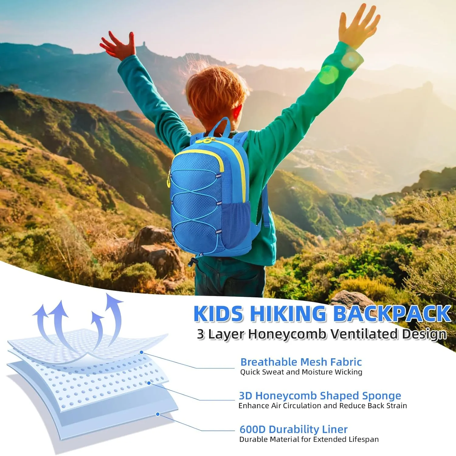 10L Kids Hiking Backpack, Small Waterproof Travel Daypack for Camping, Lightweight Pack for Boys or Girls Ages 4-12 (Blue)