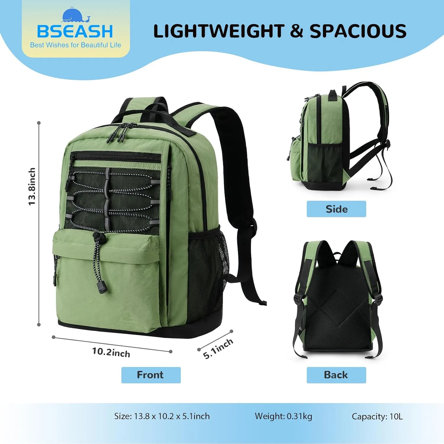 10L Small Size Casual Backpack for Kids Girls Boys Ages 3-9, Mini Waterproof Outdoor Sport Travel Hiking Camping Daypack (Army Green)