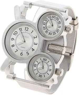 1167 Mens Top Brand Multi-Function 3-Movt Quartz Steel Wrist Watch Silver