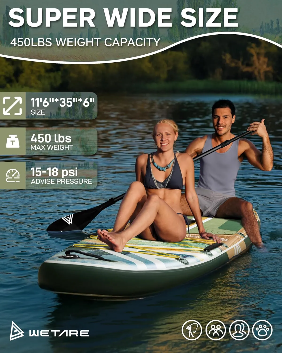 11'6"x35" Inflatable Paddle Board, 450lbs Extra Wide Stand Up Sup Board for Adults, Blow Up Paddleboard Kayak Non-Slip Stable Deck Boat for Yoga Fishing Surf
