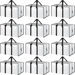 12 Pack Extra Heavy Duty Large Moving Bags with Strong Zipper & Comfortable Handles, Sturdy & Durable Clothes Storage Bags Totes Bins, Packing Moving Boxes for College Supplies, White