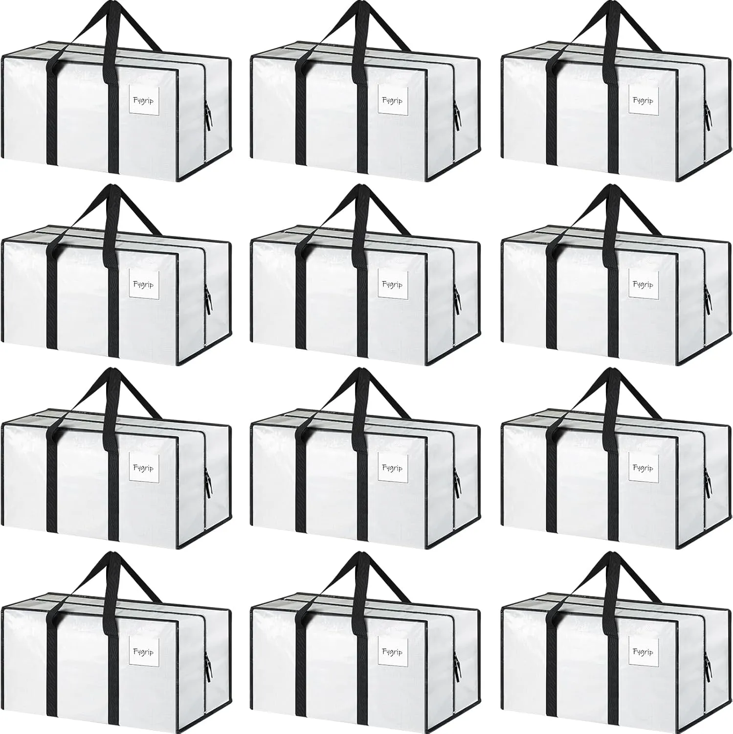 12 Pack Extra Heavy Duty Large Moving Bags with Strong Zipper & Comfortable Handles, Sturdy & Durable Clothes Storage Bags Totes Bins, Packing Moving Boxes for College Supplies, White