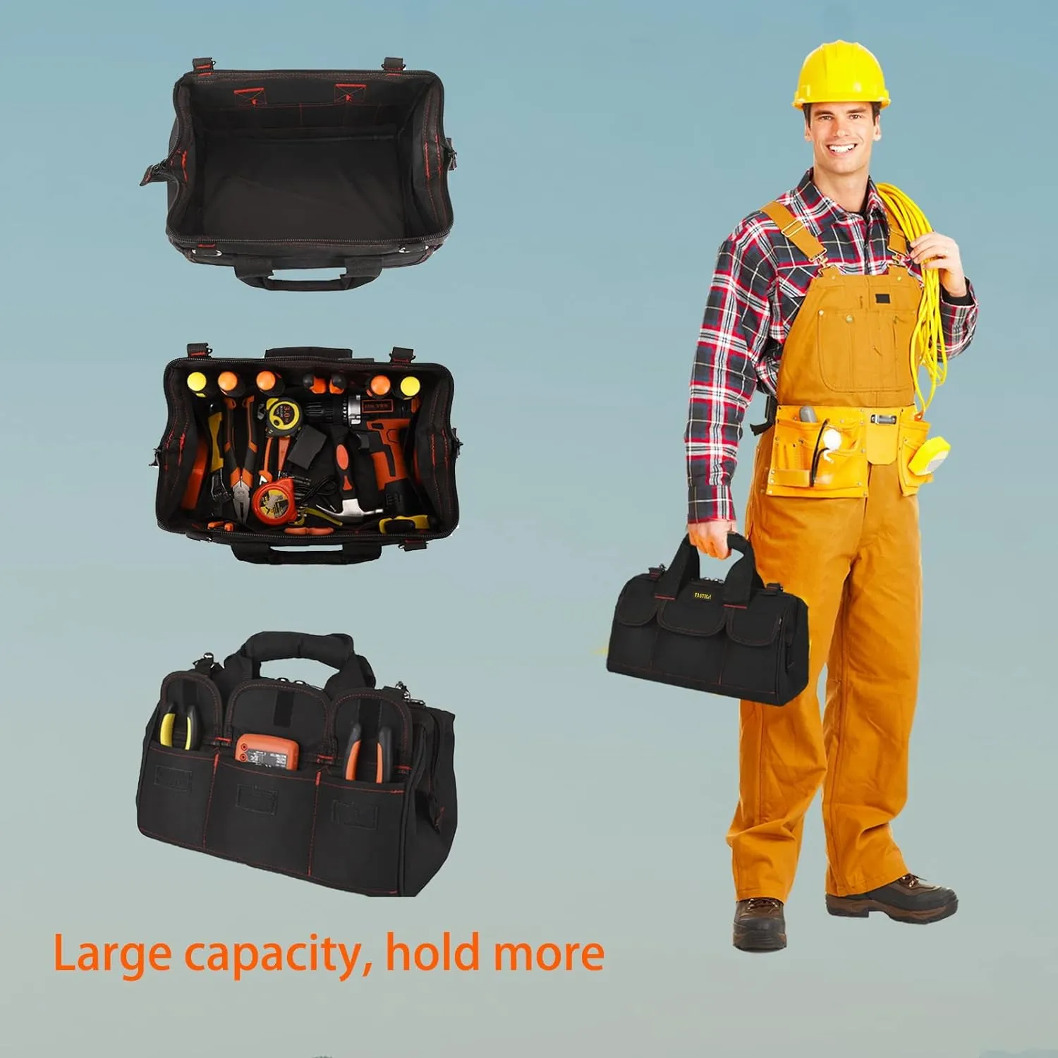 14-inch Heavy Duty Toosl Bag With Wide Mouth for Tool Storage, Carrier and Organizer, Tool Tote Bag For Men, Wide Mouth Tool Bag With Inside Pockets (14 Inch)