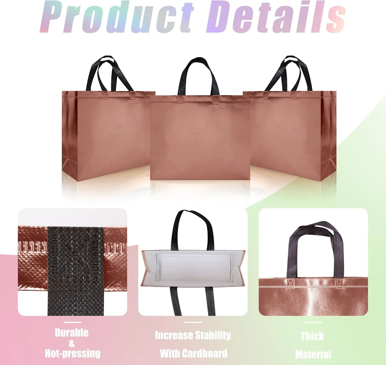 15 Pcs Rose Gold Reusable Gift Bags Bulk, 12.6 x 4.7 x 11 In Non-woven Glossy Party Bags for Birthday, Wedding, Easter, Graduation - with Handles & Sturdy Bases