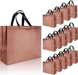 15 Pcs Rose Gold Reusable Gift Bags Bulk, 12.6 x 4.7 x 11 In Non-woven Glossy Party Bags for Birthday, Wedding, Easter, Graduation - with Handles & Sturdy Bases