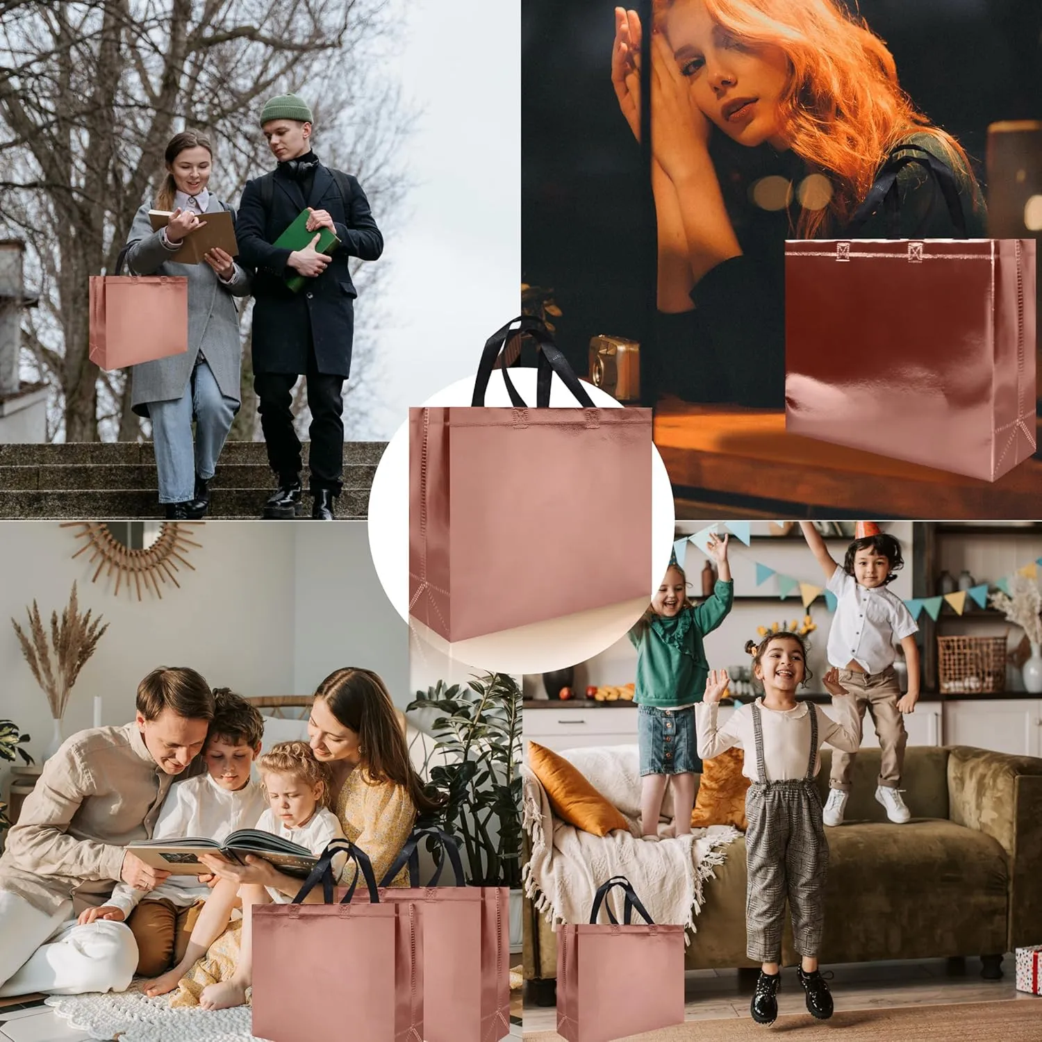 15 Pcs Rose Gold Reusable Gift Bags Bulk, 12.6 x 4.7 x 11 In Non-woven Glossy Party Bags for Birthday, Wedding, Easter, Graduation - with Handles & Sturdy Bases