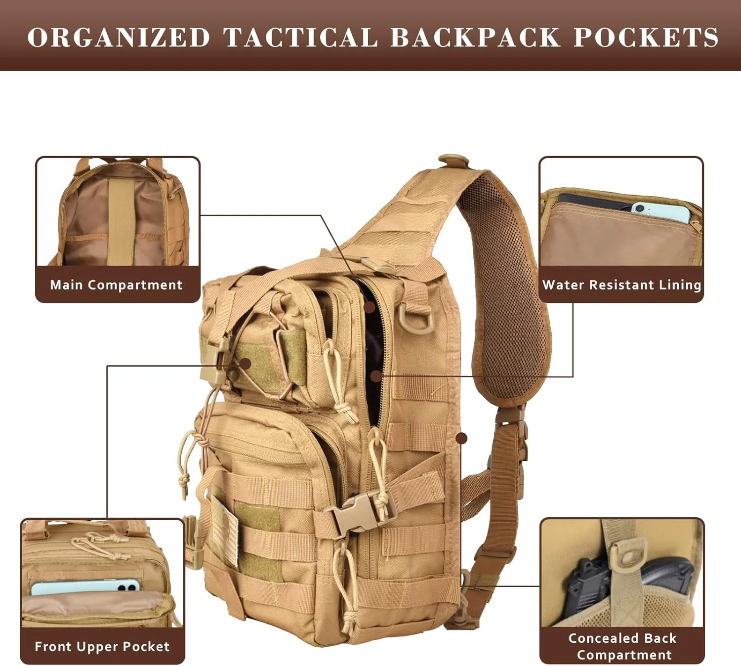15L Compact Tactical Sling Bag, Military Shoulder Sling Pack for Men's EDC, Molle Assault Range Bag Crossbody Chest Pack for Outdoor Adventures (07-Khaki)
