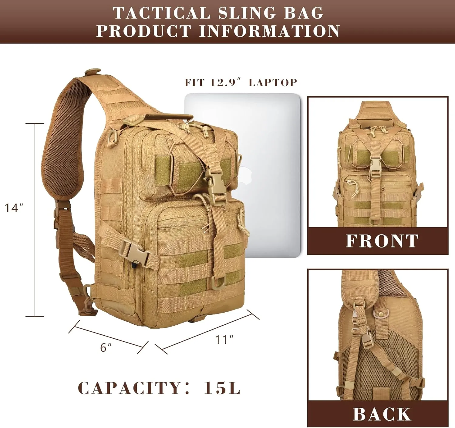 15L Compact Tactical Sling Bag, Military Shoulder Sling Pack for Men's EDC, Molle Assault Range Bag Crossbody Chest Pack for Outdoor Adventures (07-Khaki)