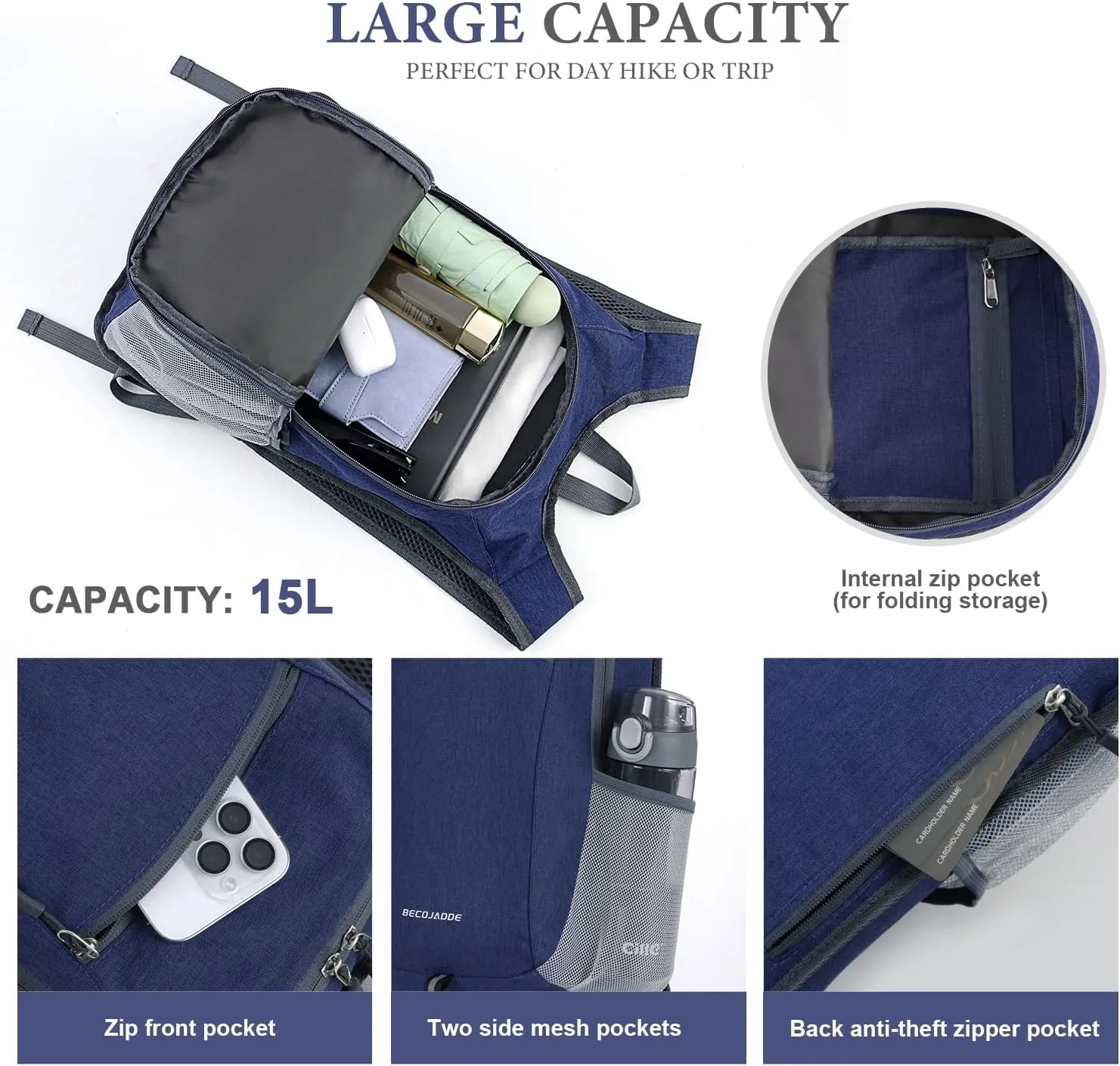 15L Hiking Backpack Small Travel Backpack Lightweight Packable Backpacks Casual Daypack for Women and Men, Blue