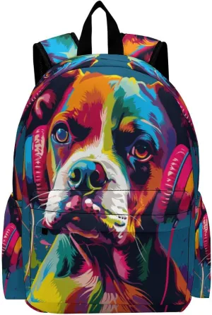 16 Inch Backpack Colorful Dog Headphones Laptop Backpack School Bookbag Shoulder Bag Casual Daypack