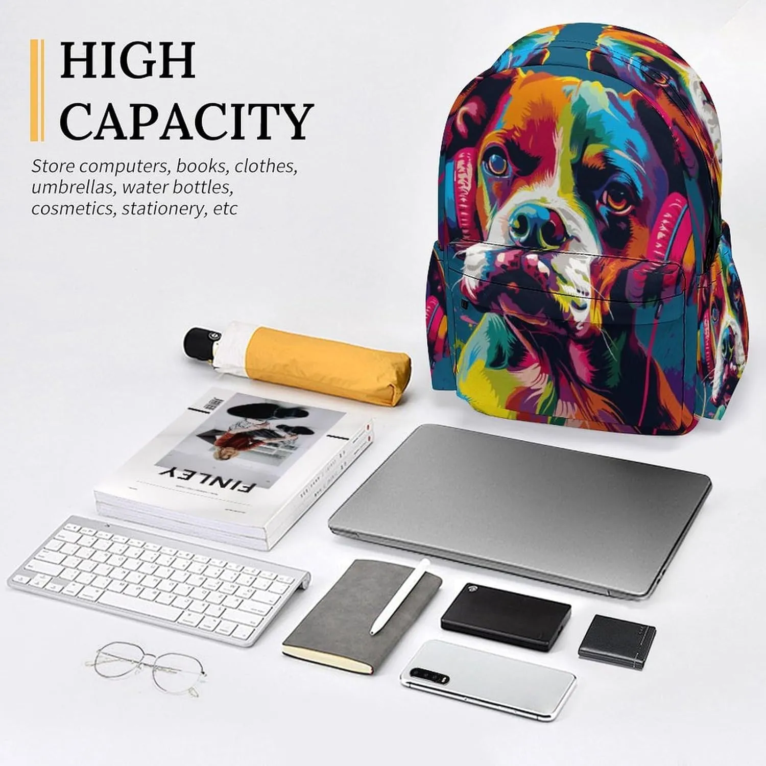 16 Inch Backpack Colorful Dog Headphones Laptop Backpack School Bookbag Shoulder Bag Casual Daypack
