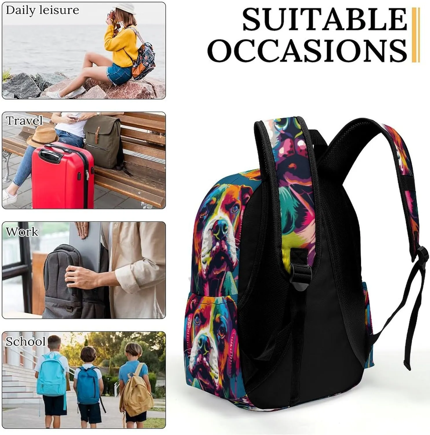 16 Inch Backpack Colorful Dog Headphones Laptop Backpack School Bookbag Shoulder Bag Casual Daypack