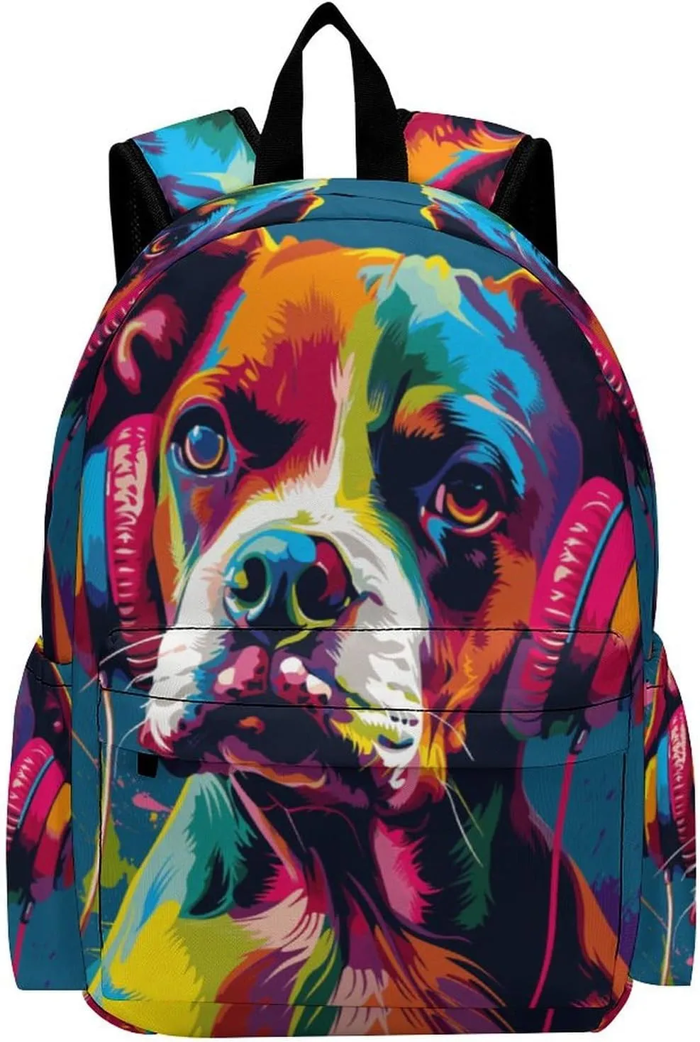 16 Inch Backpack Colorful Dog Headphones Laptop Backpack School Bookbag Shoulder Bag Casual Daypack