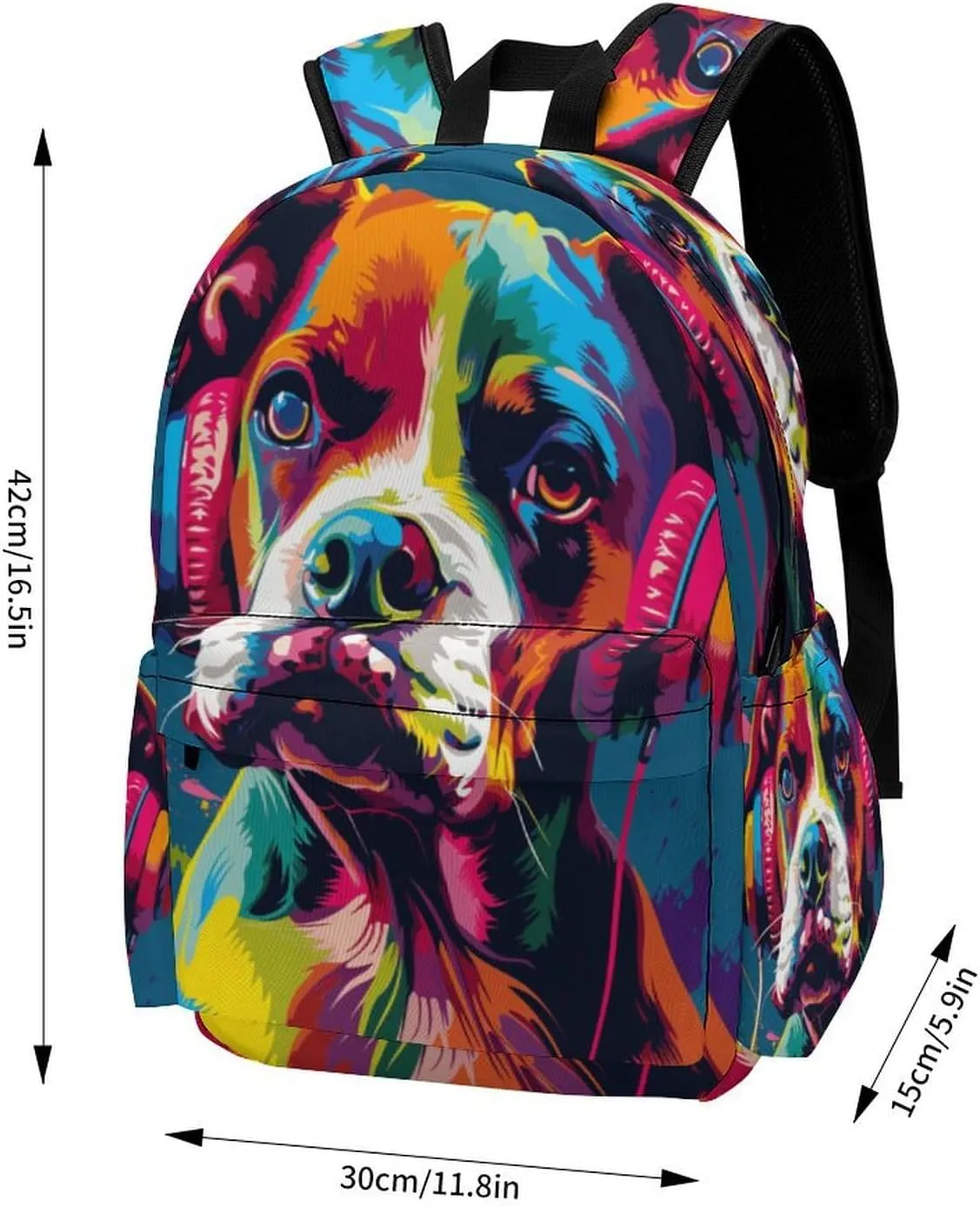 16 Inch Backpack Colorful Dog Headphones Laptop Backpack School Bookbag Shoulder Bag Casual Daypack