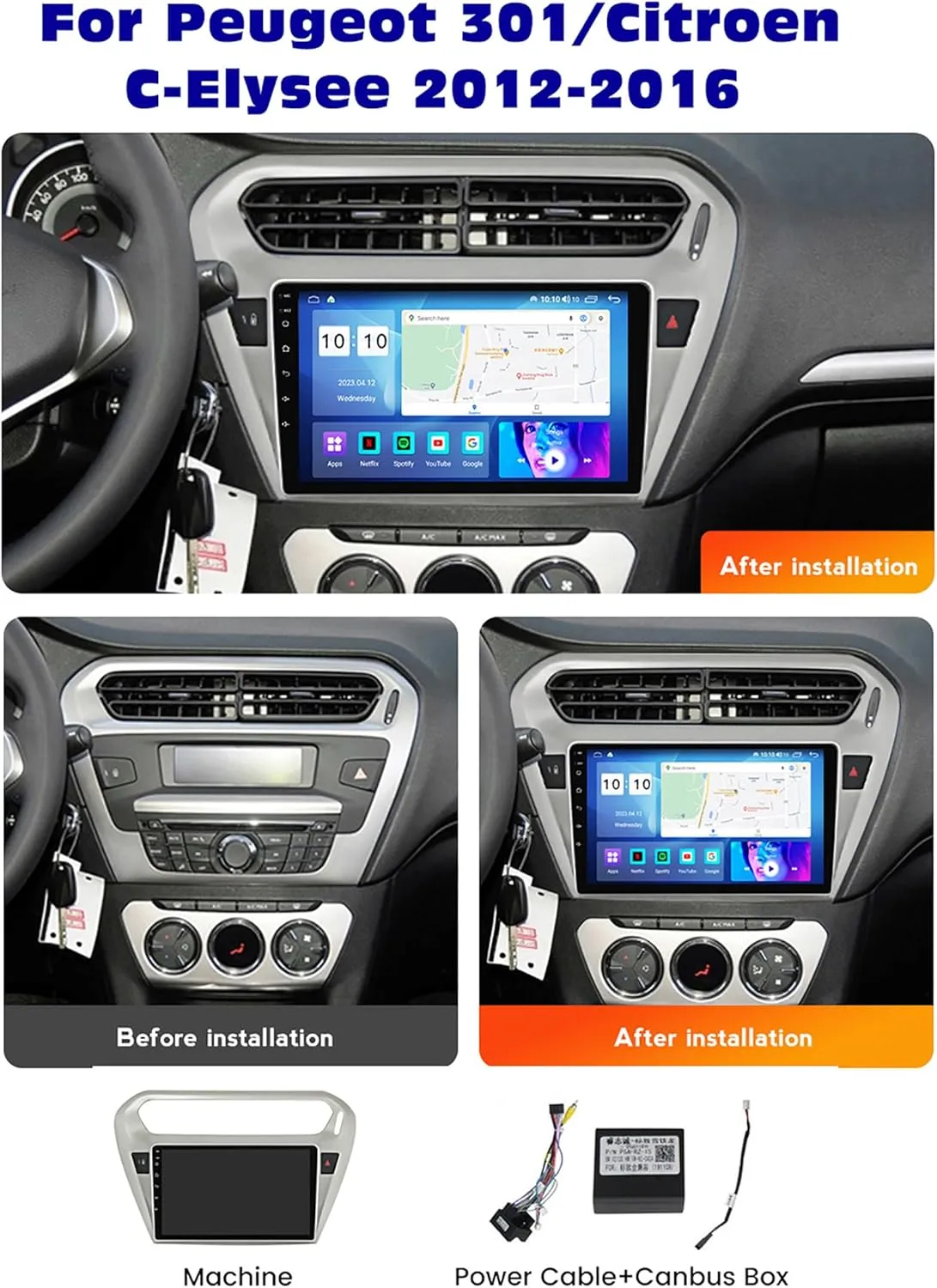 2 DIN Car Stereo Radio Navigation GPS Carplay Auto BT WiFi 4G FM RDS SWC Android 12 for Peugeot 301 for Citroen C-Elysee 2012-2016 9" Multimedia Player with Backup Camera