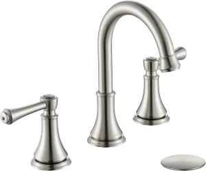 2 Handle 8 inch Widespread Bathroom Sink Faucet Brushed Nickel with Pop-Up Drain, High Arc Modern Bathroom/Vanity/Lavatory Faucet 3 Holes with Brass 360° Swivel Spout, TAF830Y-BN