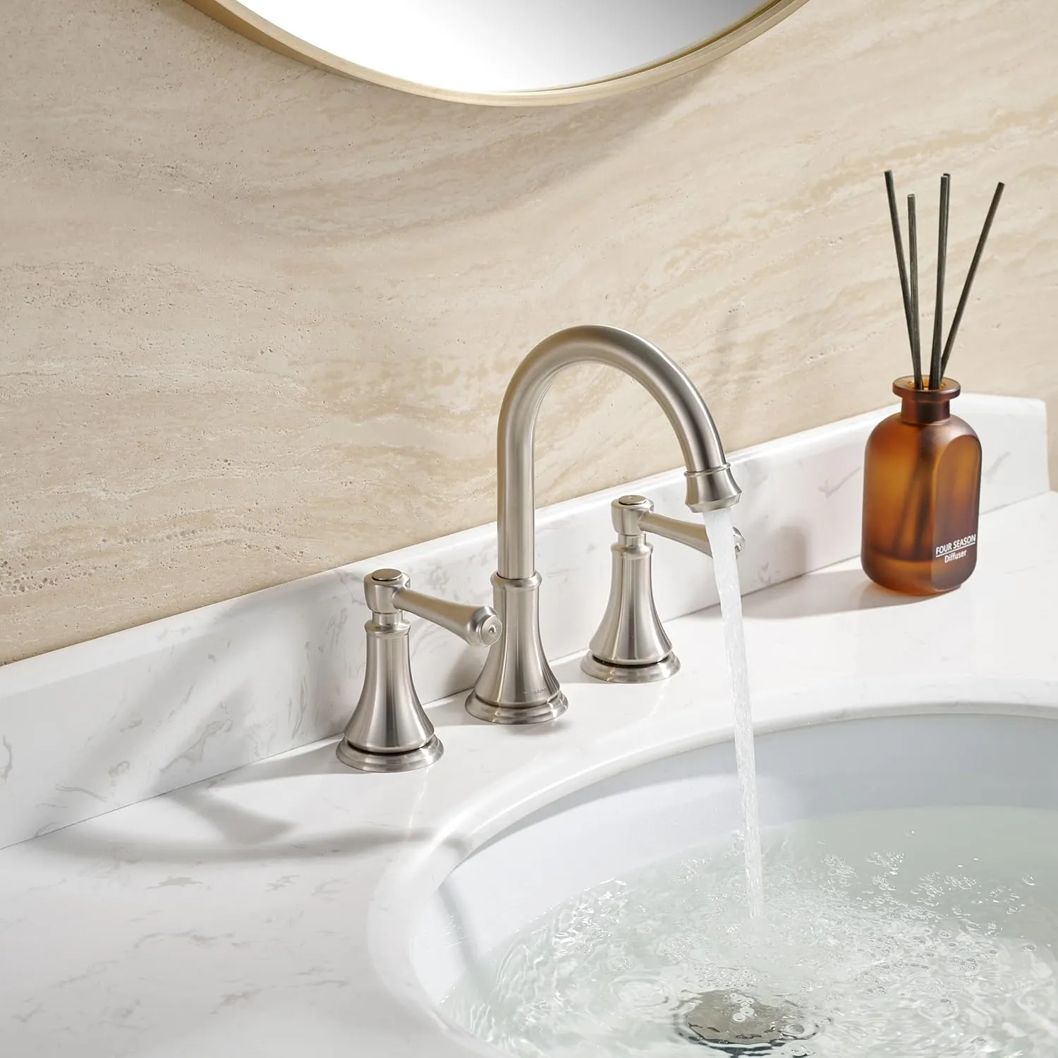 2 Handle 8 inch Widespread Bathroom Sink Faucet Brushed Nickel with Pop-Up Drain, High Arc Modern Bathroom/Vanity/Lavatory Faucet 3 Holes with Brass 360° Swivel Spout, TAF830Y-BN