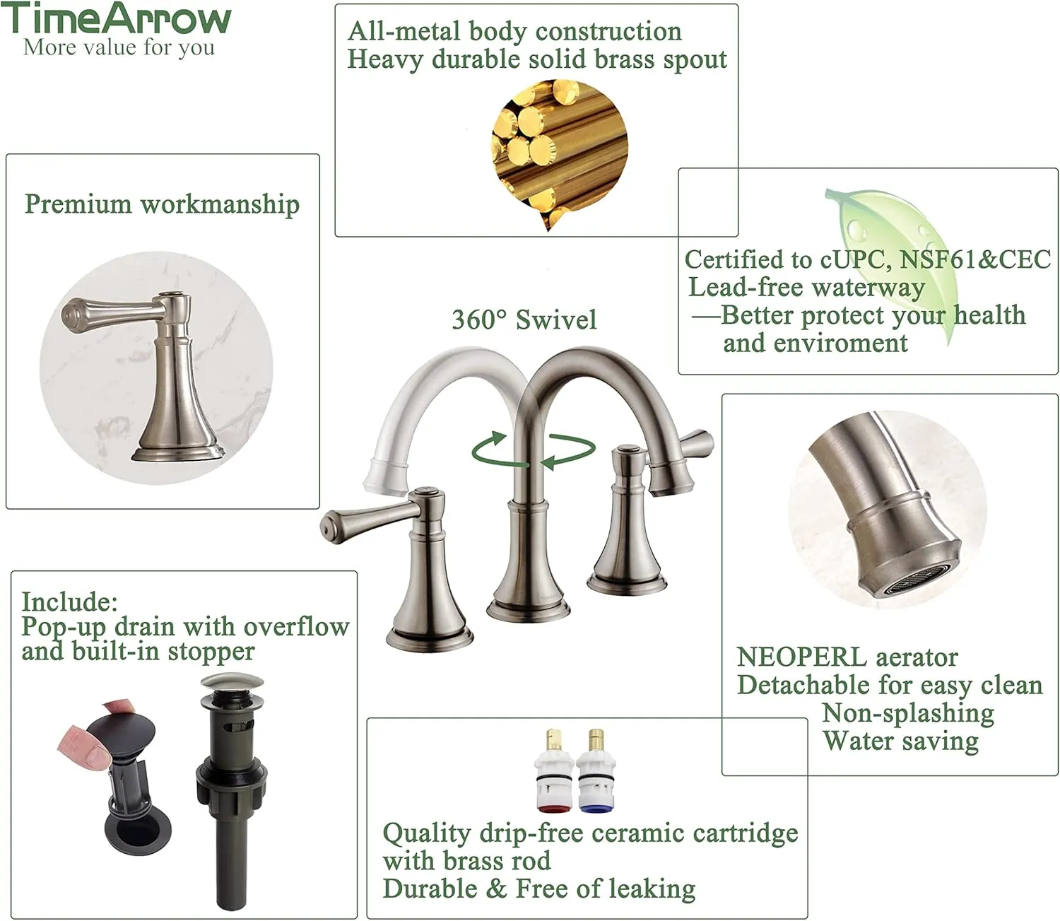 2 Handle 8 inch Widespread Bathroom Sink Faucet Brushed Nickel with Pop-Up Drain, High Arc Modern Bathroom/Vanity/Lavatory Faucet 3 Holes with Brass 360° Swivel Spout, TAF830Y-BN