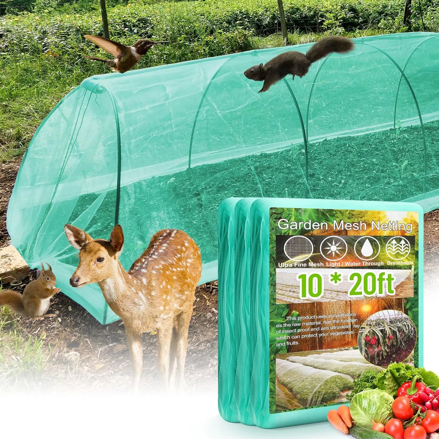 2 Pack Garden Netting 10 x 20 ft Ultra Fine Mesh Garden Netting Green Mesh Plant Cover Raised Beds Barrier Screen Protection for Vegetable Fruits Flowers Crops Greenhouse Rows from Birds Squirrels