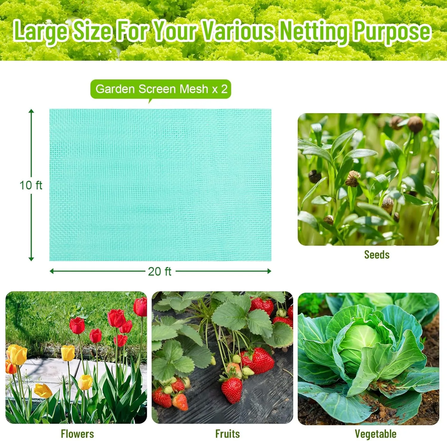 2 Pack Garden Netting 10 x 20 ft Ultra Fine Mesh Garden Netting Green Mesh Plant Cover Raised Beds Barrier Screen Protection for Vegetable Fruits Flowers Crops Greenhouse Rows from Birds Squirrels