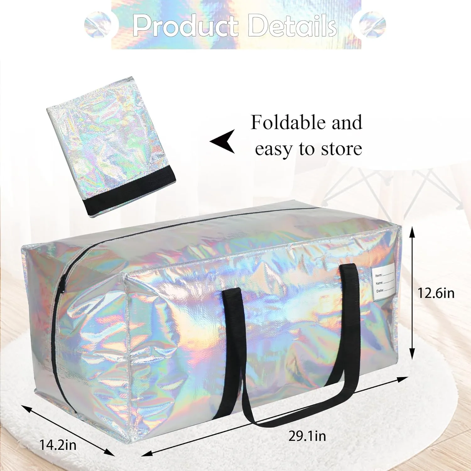 2 Pack Heavy Duty Moving Bags Extra Large Waterproof Foldable Clothing Storage Totes Bags with Zipper, Reinforced Handles, Packing Moving Boxes for Dorm & Seasonal Storage, Iridescent
