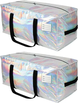 2 Pack Heavy Duty Moving Bags Extra Large Waterproof Foldable Clothing Storage Totes Bags with Zipper, Reinforced Handles, Packing Moving Boxes for Dorm & Seasonal Storage, Iridescent