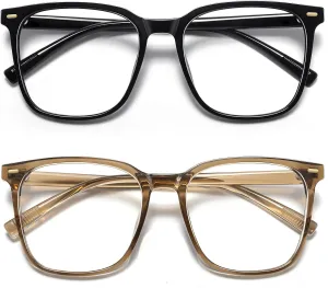 2-Pack Oversized Square Blue Light Blocking Glasses for Women Men, Anti-Fatigue Computer Monitor Gaming Glasses Reduce Eye Strain(Black Brown)