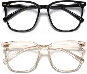 2-Pack Oversized Square Blue Light Blocking Glasses for Women Men, Anti-Fatigue Computer Monitor Gaming Glasses Reduce Eye Strain(Black transparent Brown)