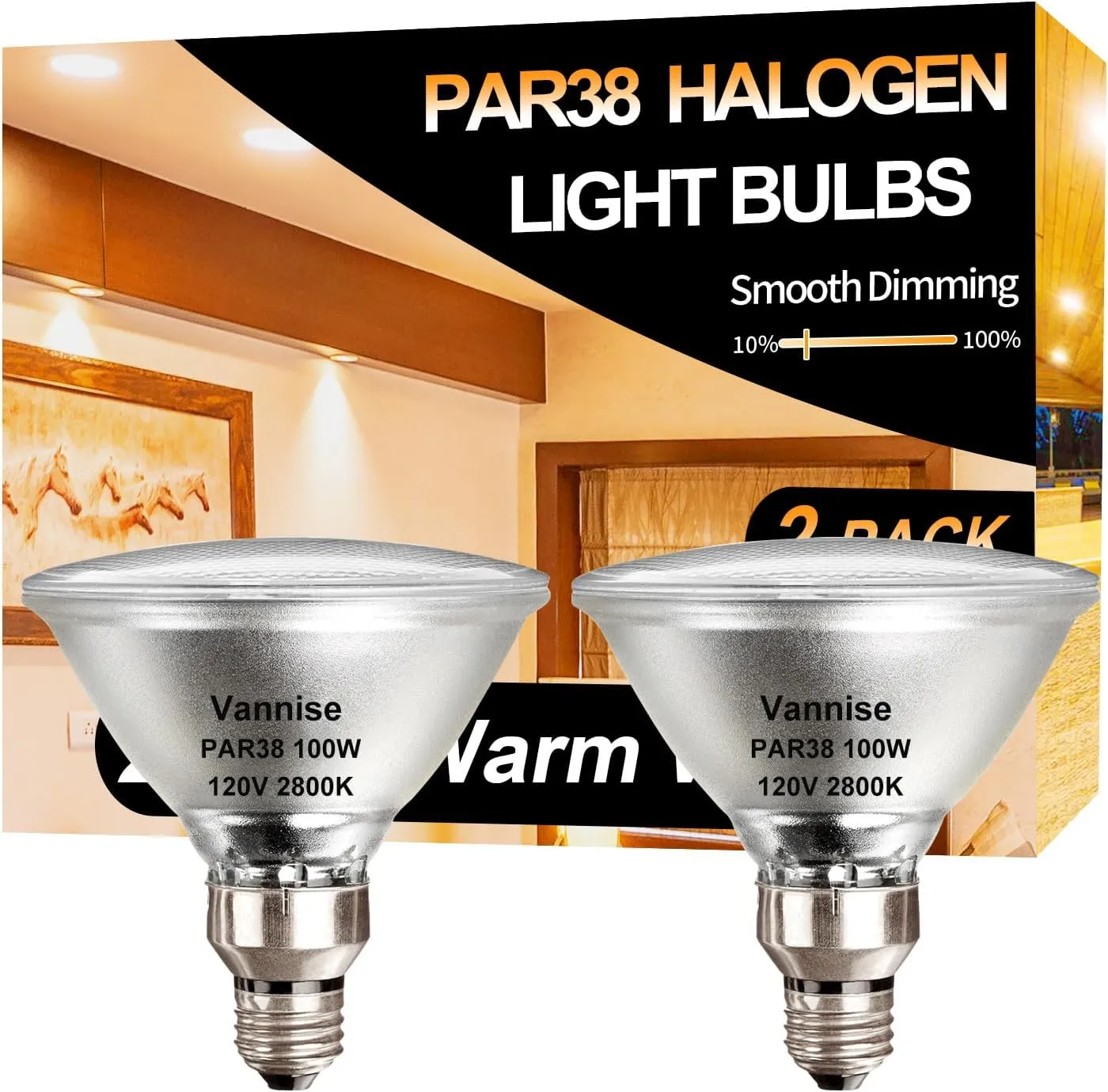 2 Pack PAR38 Halogen Flood Light Bulbs, 100W 120V, Warm White 2800K, 1800LM, Dimmable with E26 Base, Long Lasting Outdoor Flood Light for Patio, Garden, Yard, and Driveway