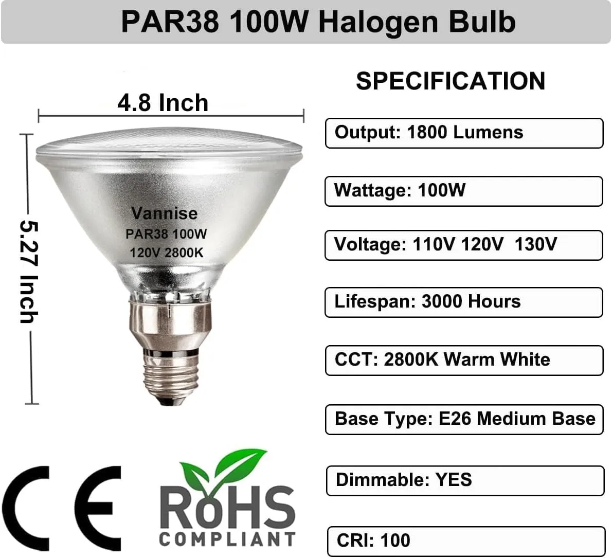 2 Pack PAR38 Halogen Flood Light Bulbs, 100W 120V, Warm White 2800K, 1800LM, Dimmable with E26 Base, Long Lasting Outdoor Flood Light for Patio, Garden, Yard, and Driveway
