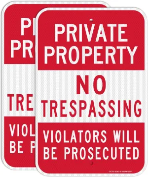 (2 Pack) Private Property No Trespassing Sign, Violators Will Be Prosecuted, 18 x 12 Engineer Grade Reflective Sheeting Rust Free Aluminum, Weather Resistant, Waterproof, Easy to Mount
