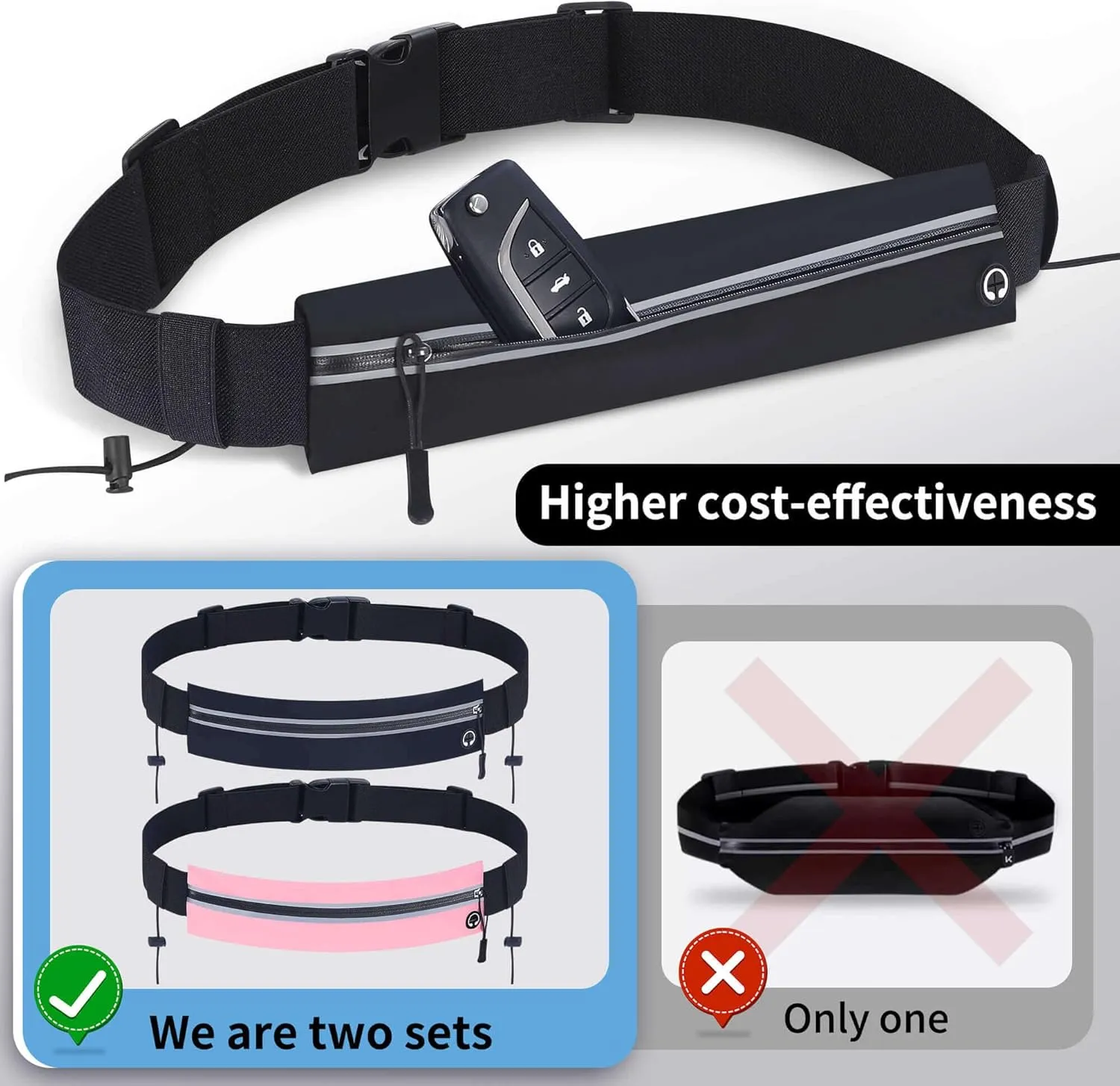 2 Pack Slim Running Belt Waist Pack – Waterproof Fanny Bag with Marathon Bib Holder & Adjustable Elastic Strap & Anti Theft Hidden Pouch for Phone Money Passport – Workout Gear for Men & Women Runners