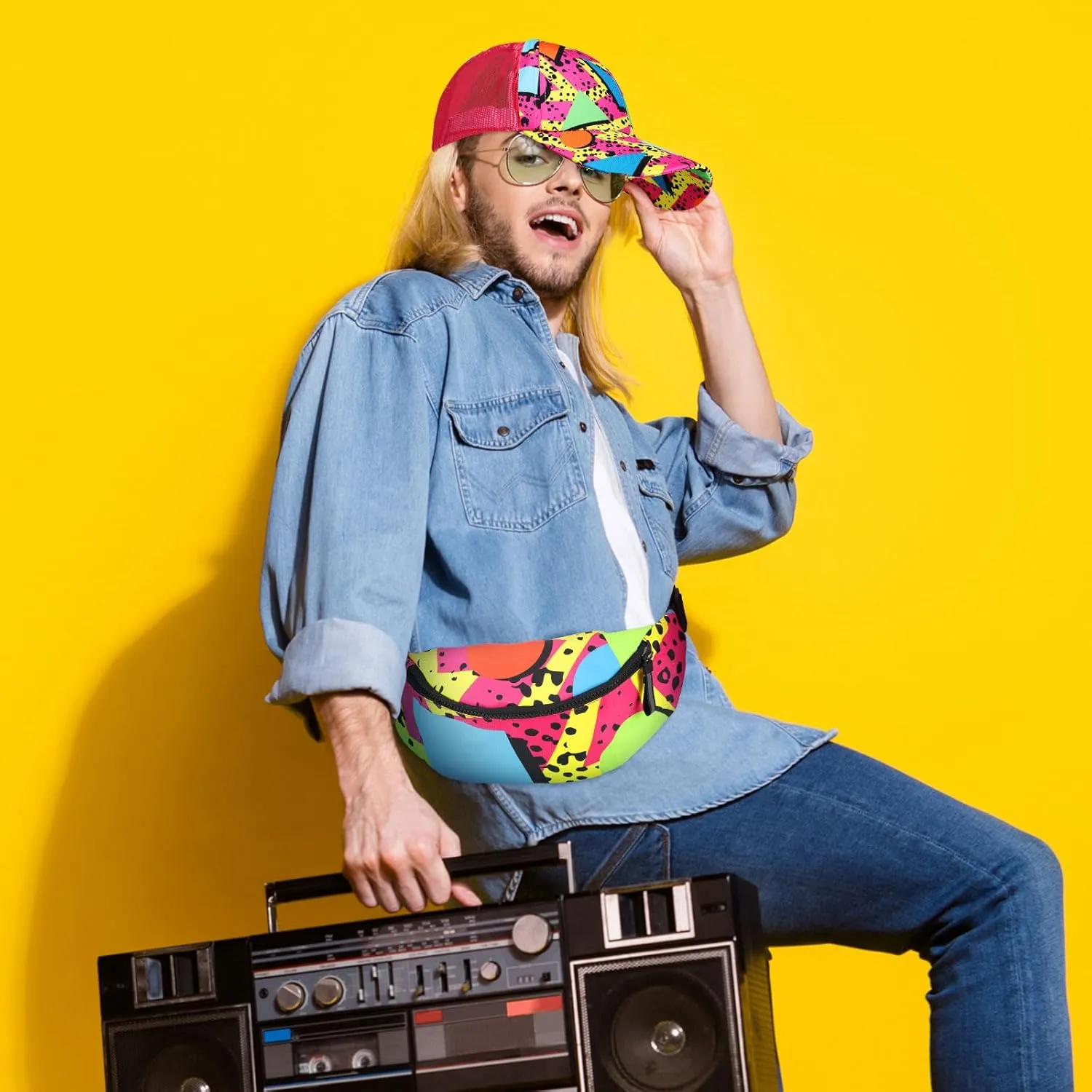2 Pcs 80s 90s Fanny Pack for Women Men Halloween Outfit Hip Hop Neon Mesh Hat Adjustable Waist Bag for Christmas Party