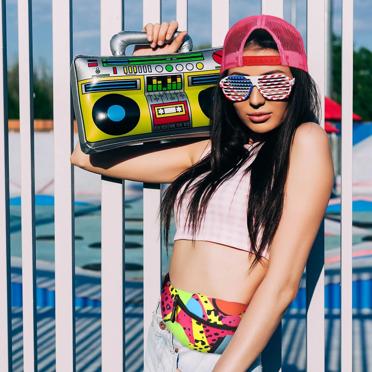 2 Pcs 80s 90s Fanny Pack for Women Men Halloween Outfit Hip Hop Neon Mesh Hat Adjustable Waist Bag for Christmas Party