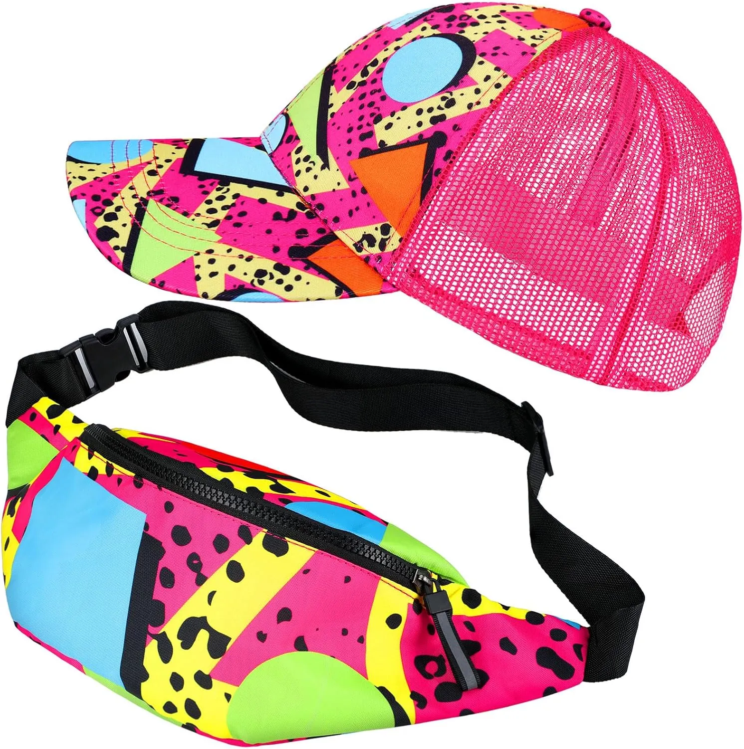 2 Pcs 80s 90s Fanny Pack for Women Men Halloween Outfit Hip Hop Neon Mesh Hat Adjustable Waist Bag for Christmas Party