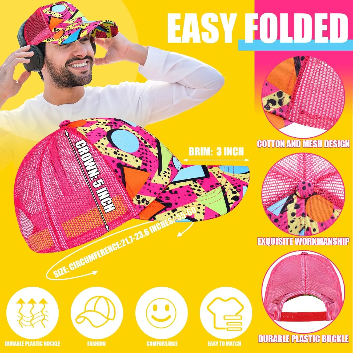 2 Pcs 80s 90s Fanny Pack for Women Men Halloween Outfit Hip Hop Neon Mesh Hat Adjustable Waist Bag for Christmas Party