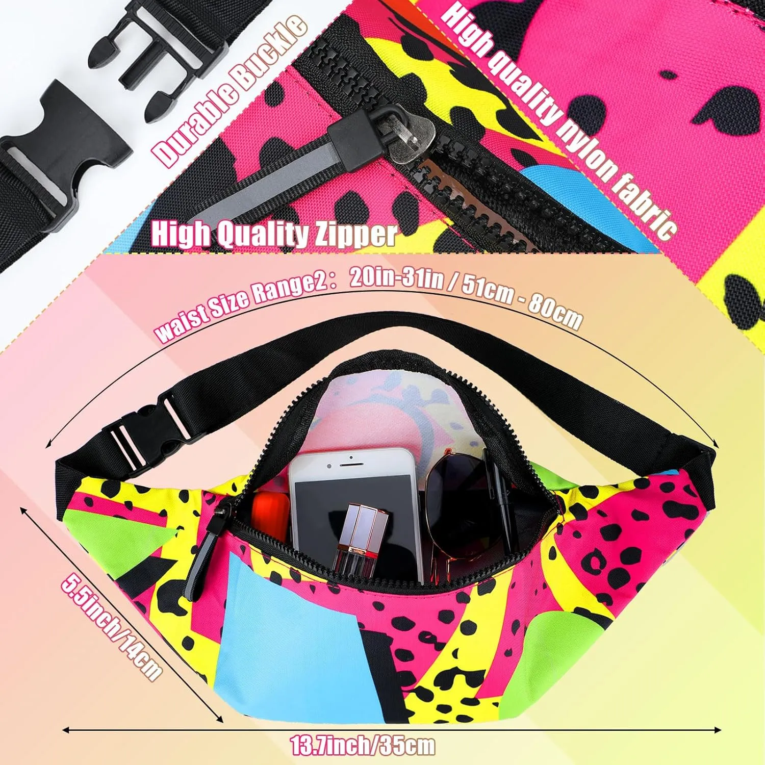 2 Pcs 80s 90s Fanny Pack for Women Men Halloween Outfit Hip Hop Neon Mesh Hat Adjustable Waist Bag for Christmas Party