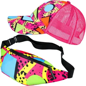 2 Pcs 80s 90s Fanny Pack for Women Men Halloween Outfit Hip Hop Neon Mesh Hat Adjustable Waist Bag for Christmas Party