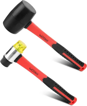 2-Piece Hammer Set - 16 oz Rubber Mallet Hammer and 35 mm Double-Faced Soft Hammer with Solid Head and Soft Grip Fiberglass Handle,2 Piece Rubber Mallet Set