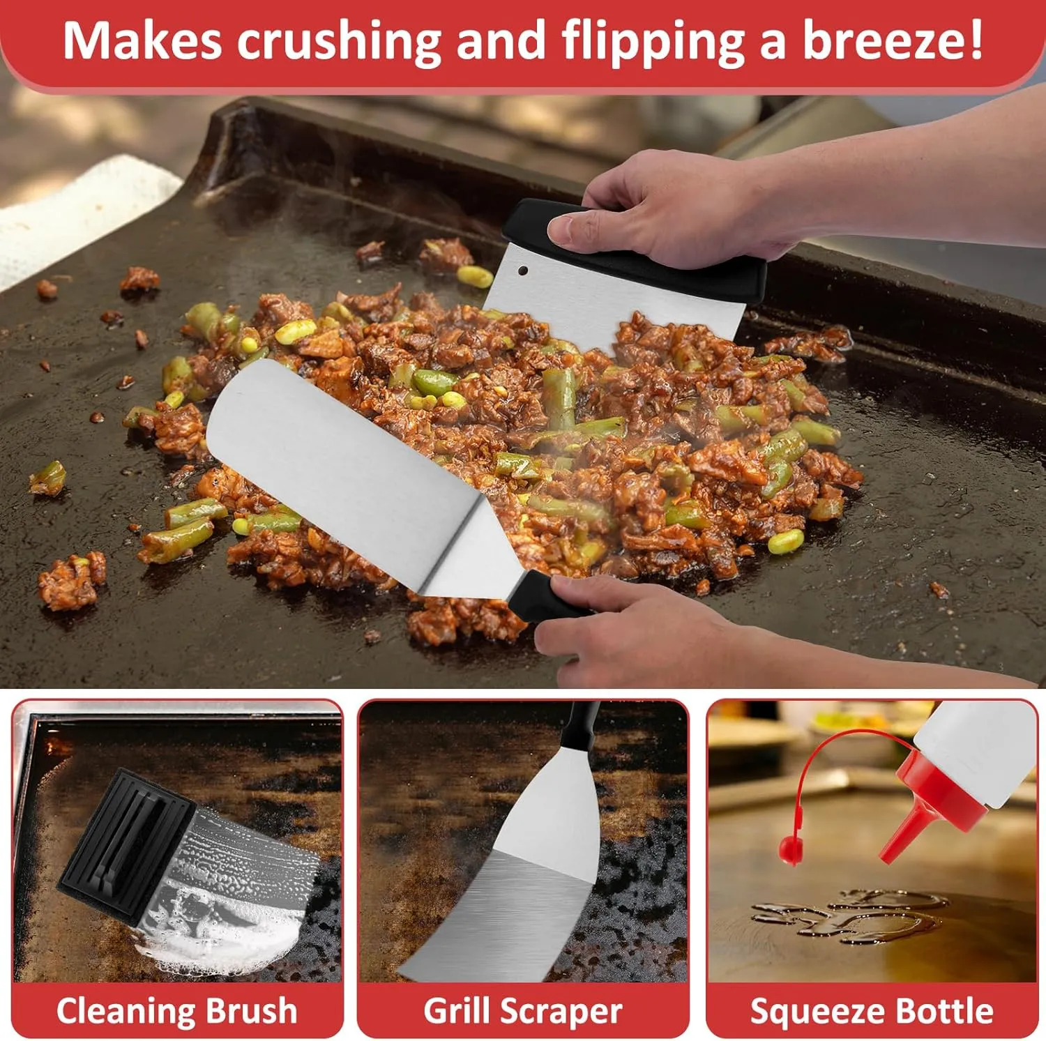 25Pcs Griddle Accessories Kit, Leonyo Flat Top Grill Accessories, Professional Griddle Tools with Enlarged Spatulas, Basting Cover, Metal Scraper, Smash Burger Press for Outdoor Barbecue