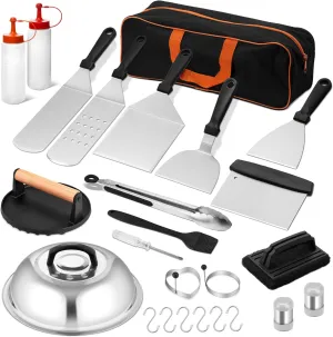 25Pcs Griddle Accessories Kit, Leonyo Flat Top Grill Accessories, Professional Griddle Tools with Enlarged Spatulas, Basting Cover, Metal Scraper, Smash Burger Press for Outdoor Barbecue