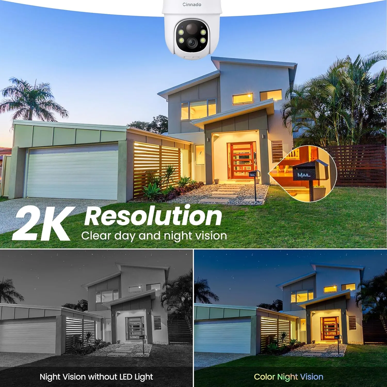 2K Cameras for Home Security-2.4G WiFi Outdoor Camera Wireless Solar/Battery Powered, 360° Viewing, Human Detection, Color Night Vision, Cloud/SD Storage B6 (B6-White-4pack-2.4G)