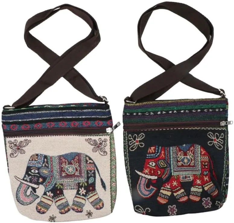 2Pcs Vintage Elephant Embroidery Handbag Crossbody Bag, Personality Women Knitted Tote Shoulder Purse Canvas Bag
