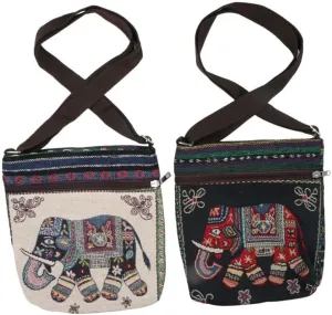 2Pcs Vintage Elephant Embroidery Handbag Crossbody Bag, Personality Women Knitted Tote Shoulder Purse Canvas Bag