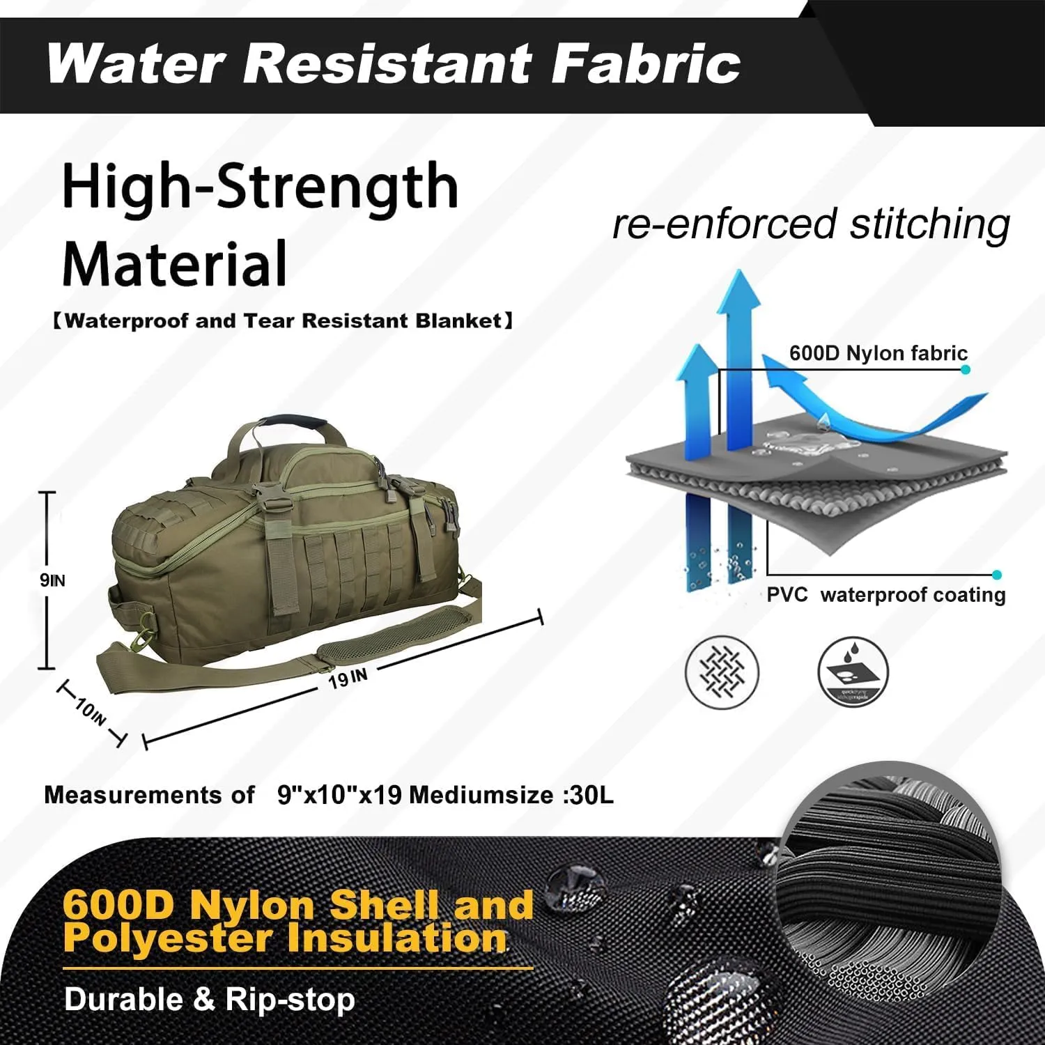 3 In 1 Tactical 30L Military Backpack Travel Duffle Bag for Weekender Gym Workout Deployment