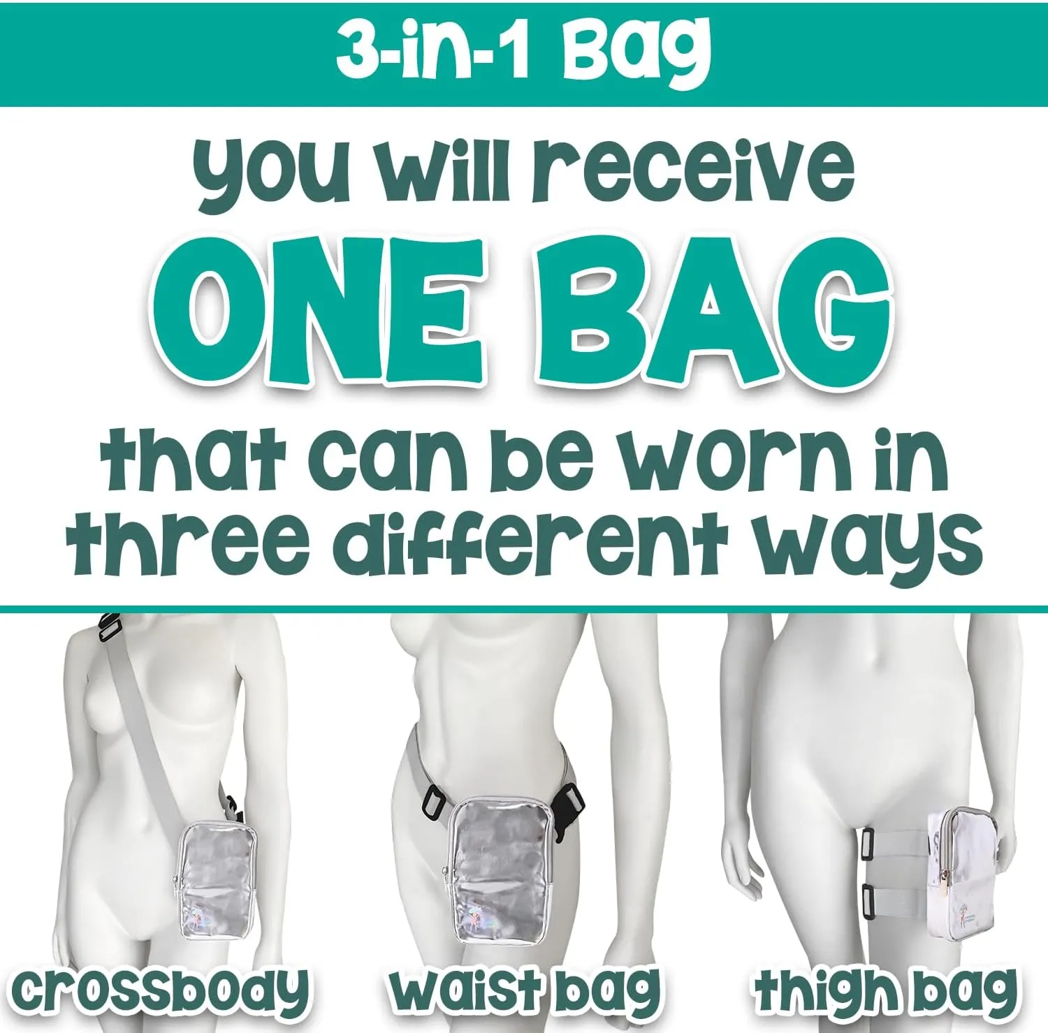 3-IN-1 Thigh Bag Fanny Pack Crossbody Bag | Carnival Leg Harness for Women | Glossy Waist Bag | Rave Leg Pack with Buckles | Metallic Silver
